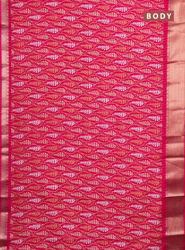 Semi dola saree pink with allover zari weaves & leaf prints and zari woven border