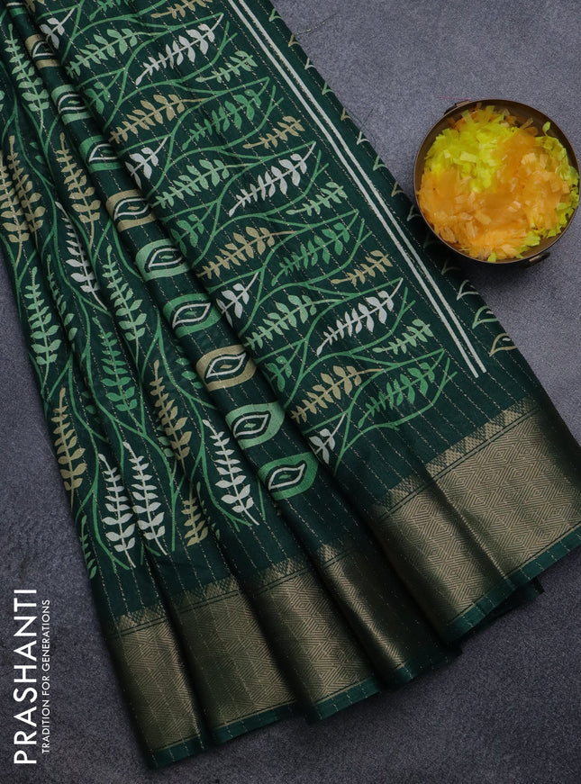 Semi dola saree green with allover zari weaves & leaf prints and zari woven border