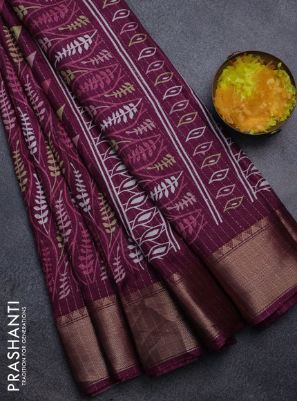 Semi dola saree purple shade with allover zari weaves & leaf prints and zari woven border