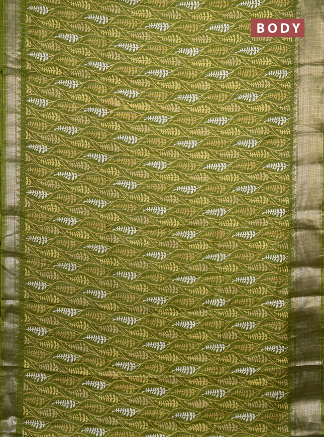 Semi dola saree light green with allover zari weaves & leaf prints and zari woven border