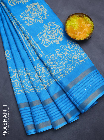 Semi dola saree cs blue with batik butta prints and sequin work border