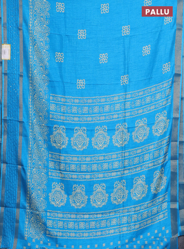Semi dola saree cs blue with batik butta prints and sequin work border