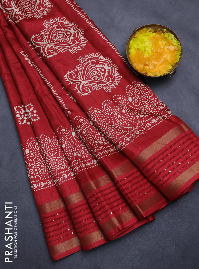 Semi dola saree maroon with batik butta prints and sequin work border