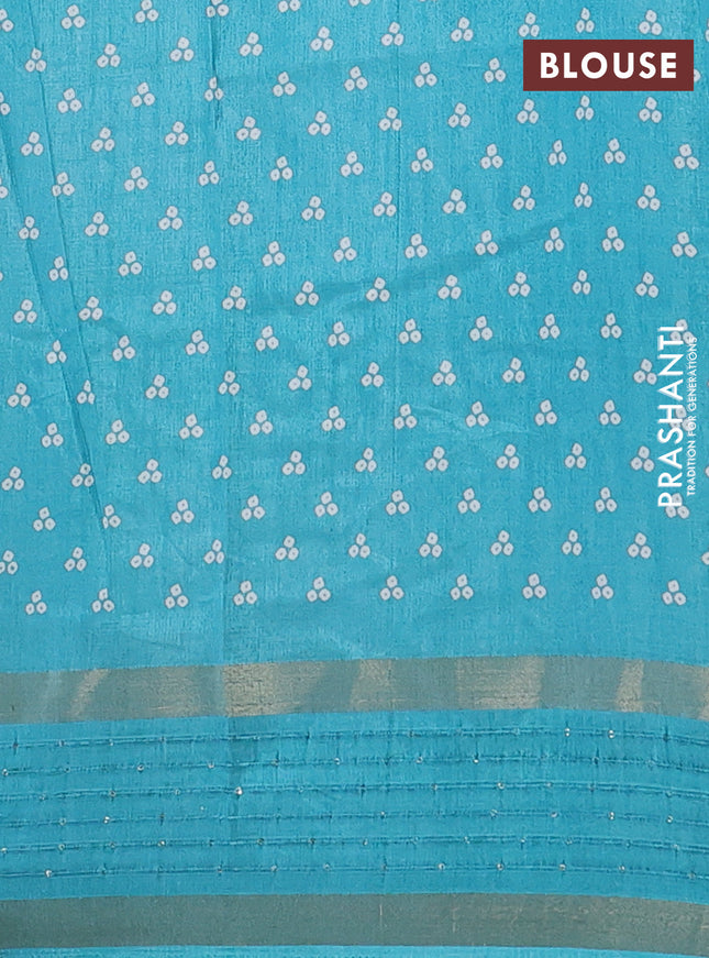 Semi dola saree teal blue with allover bandhani prints and zari woven border