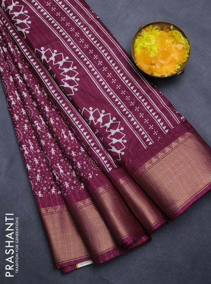 Semi dola saree wine shade with allover warli prints & zari weaves and zari woven border