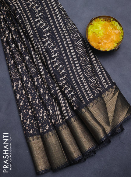 Semi dola saree black with allover warli prints & zari weaves and zari woven border