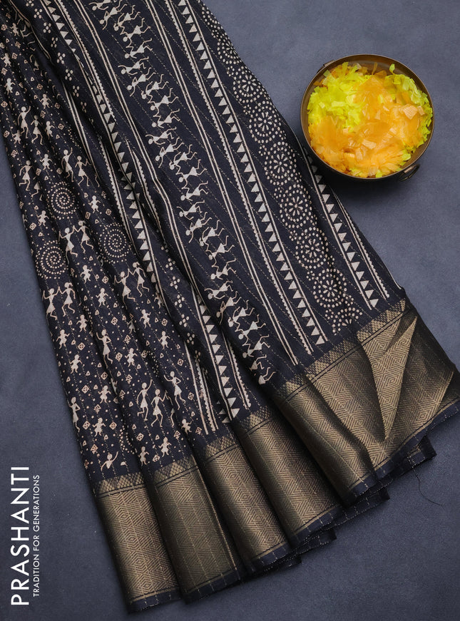 Semi dola saree black with allover warli prints & zari weaves and zari woven border