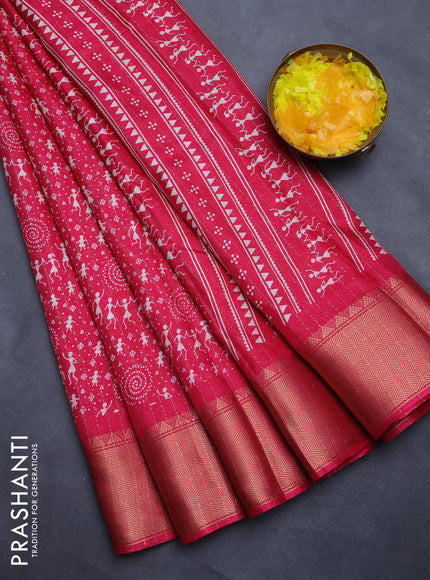 Semi dola saree pink with allover warli prints & zari weaves and zari woven border