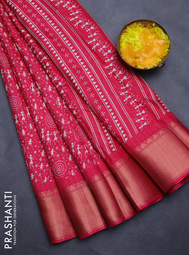 Semi dola saree pink with allover warli prints & zari weaves and zari woven border