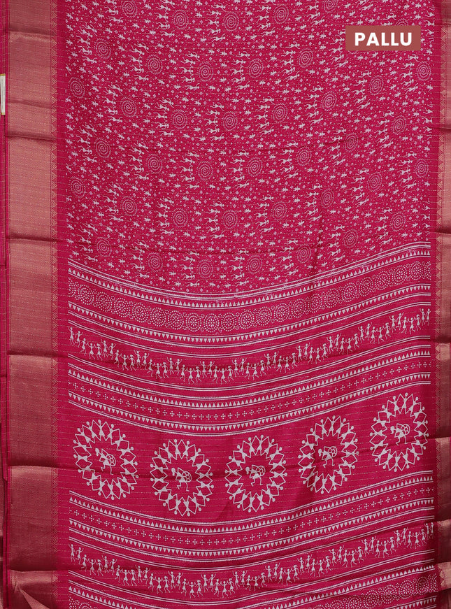 Semi dola saree pink with allover warli prints & zari weaves and zari woven border