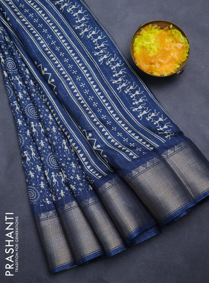 Semi dola saree peacock blue with allover warli prints & zari weaves and zari woven border