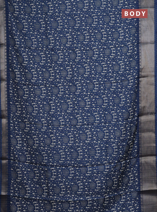 Semi dola saree peacock blue with allover warli prints & zari weaves and zari woven border