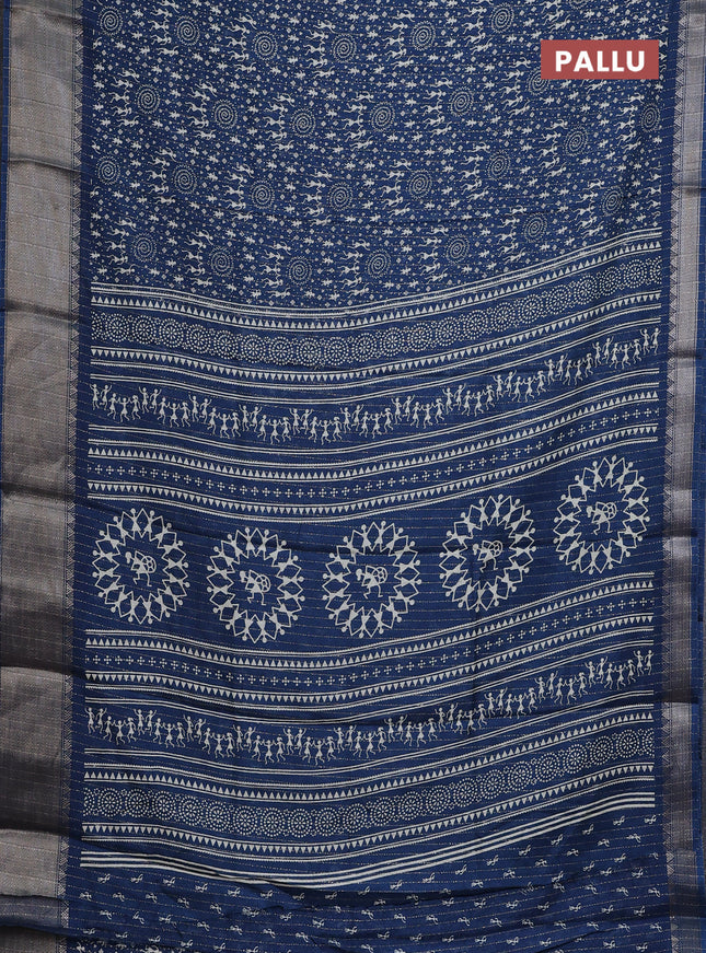 Semi dola saree peacock blue with allover warli prints & zari weaves and zari woven border