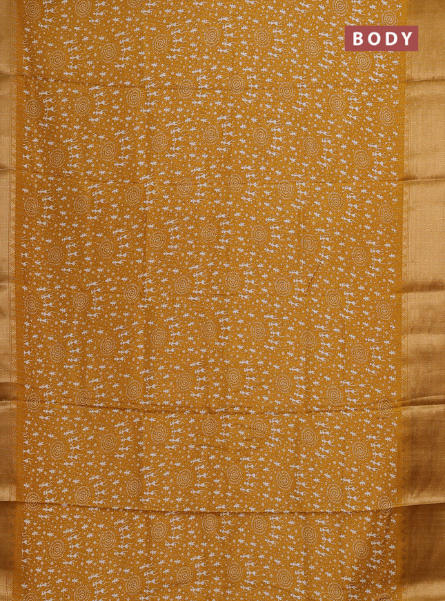 Semi dola saree mustard yellow with allover warli prints & zari weaves and zari woven border