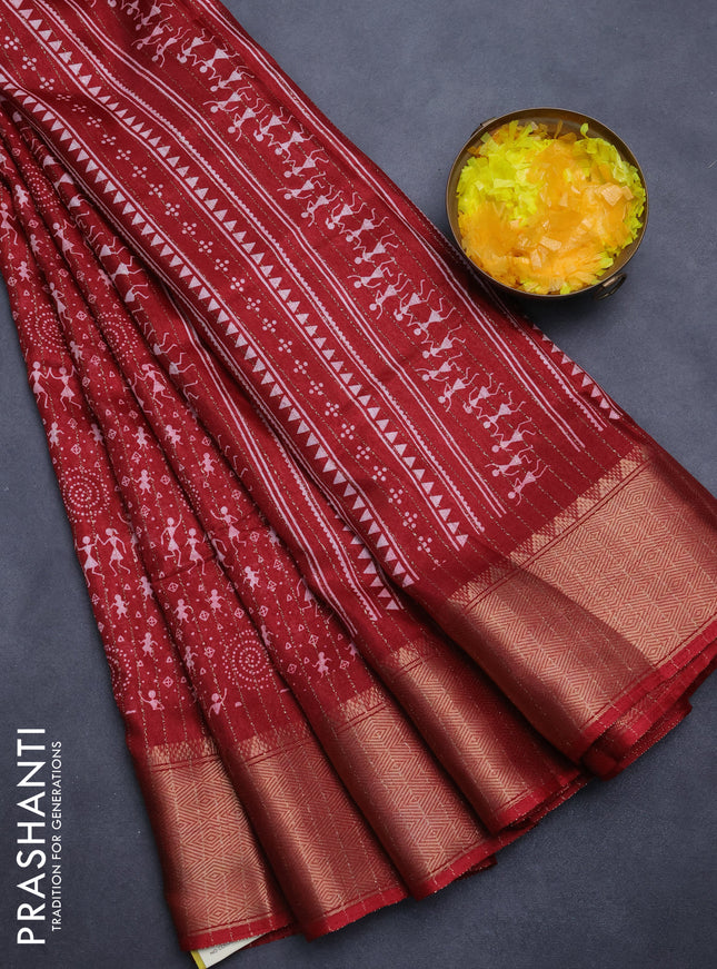 Semi dola saree maroon with allover warli prints & zari weaves and zari woven border