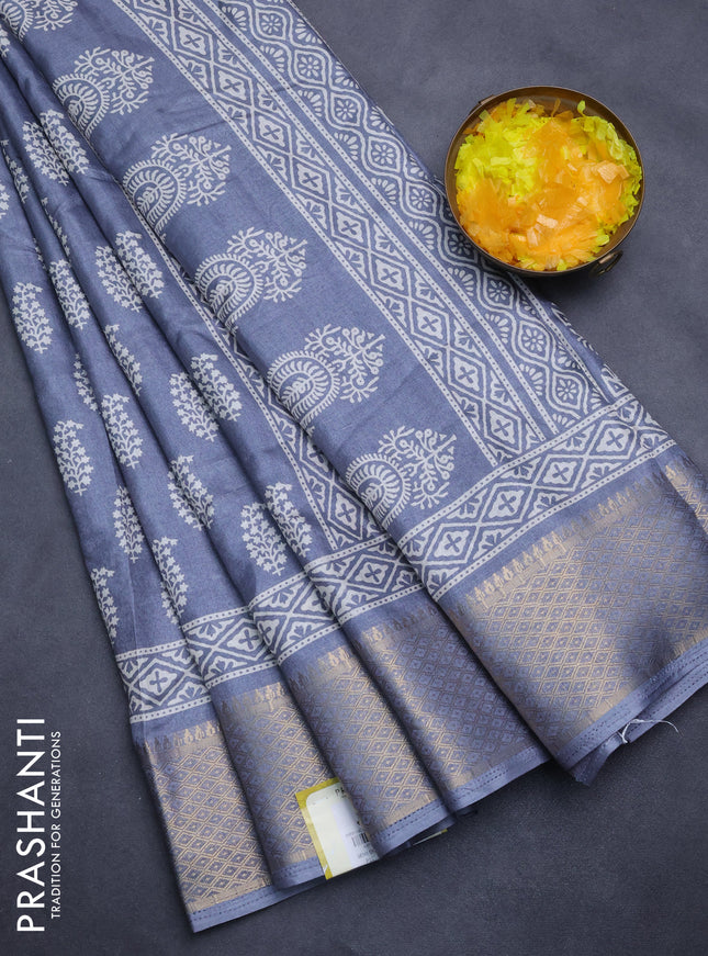 Semi dola saree grey with butta prints and zari woven border