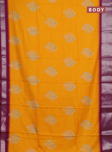 Semi dola saree mango yellow and wine shade with butta prints and zari woven border