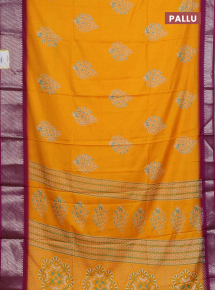 Semi dola saree mango yellow and wine shade with butta prints and zari woven border