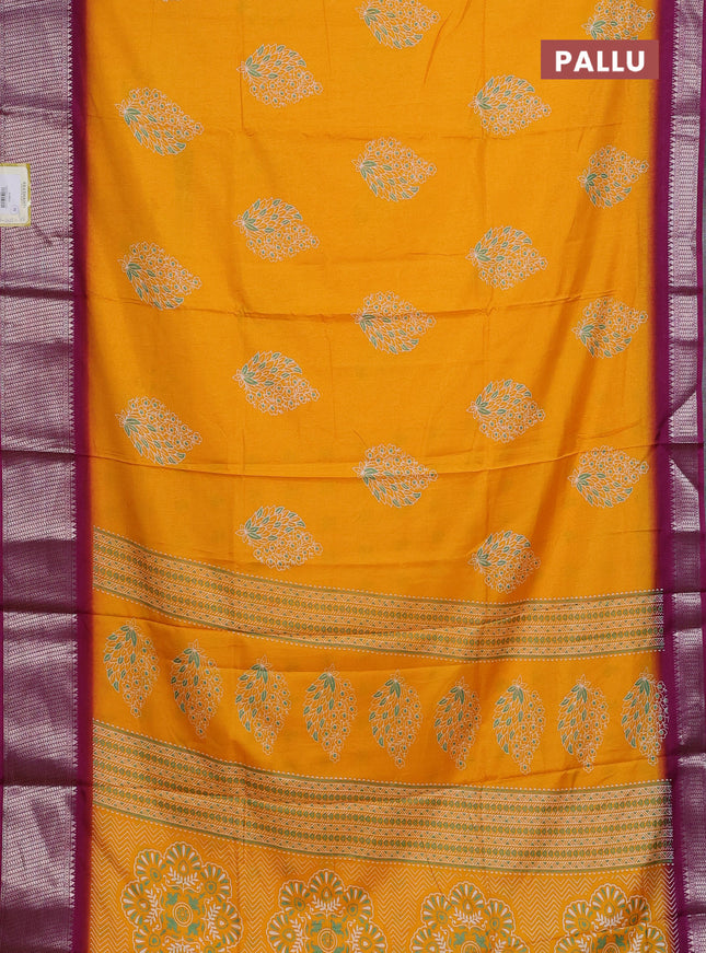 Semi dola saree mango yellow and wine shade with butta prints and zari woven border