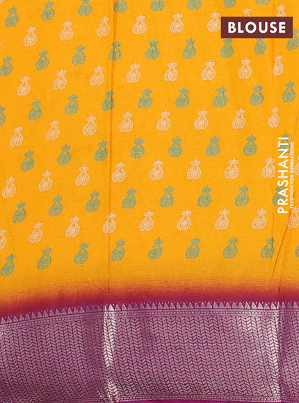 Semi dola saree mango yellow and wine shade with butta prints and zari woven border