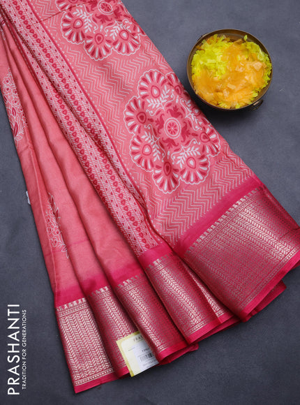 Semi dola saree peach pink and pink with butta prints and zari woven border