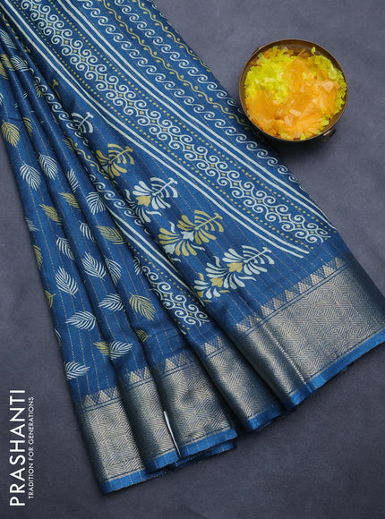 Semi dola saree cs blue with allover zari weaves & leaf prints and zari woven border