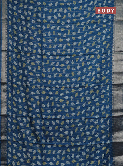 Semi dola saree cs blue with allover zari weaves & leaf prints and zari woven border