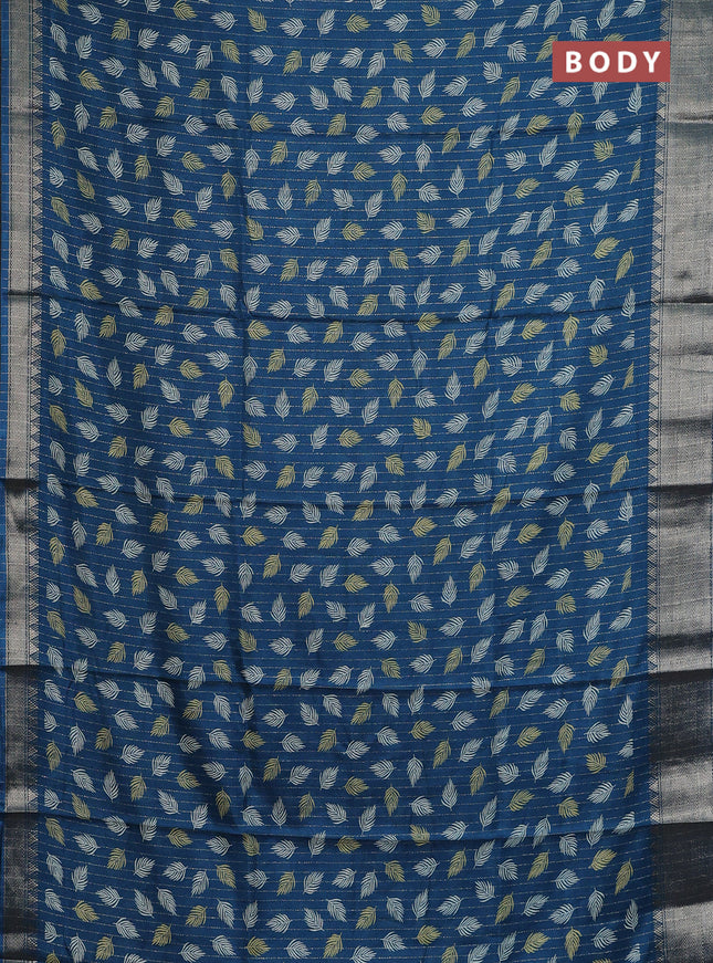 Semi dola saree cs blue with allover zari weaves & leaf prints and zari woven border