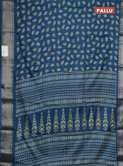 Semi dola saree cs blue with allover zari weaves & leaf prints and zari woven border