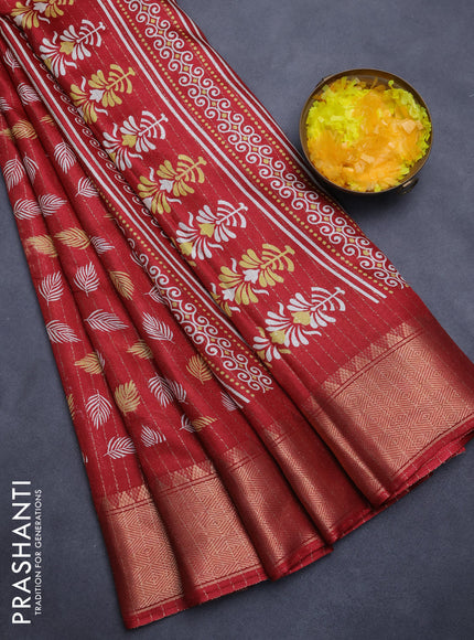 Semi dola saree maroon with allover zari weaves & leaf prints and zari woven border