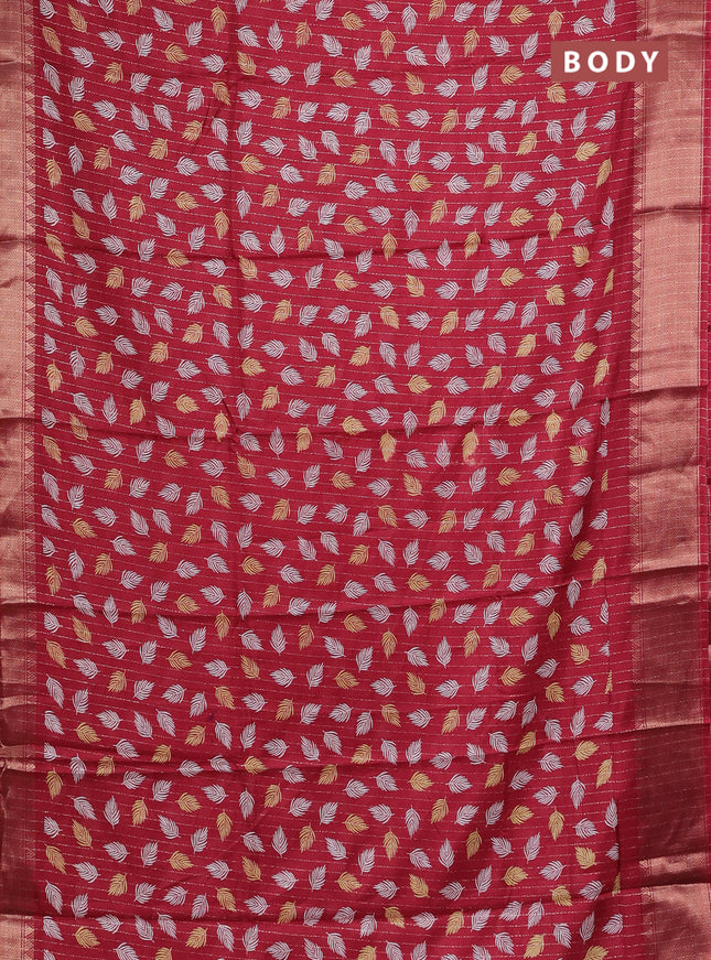 Semi dola saree maroon with allover zari weaves & leaf prints and zari woven border