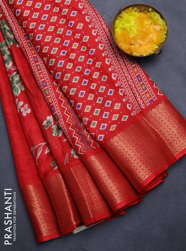 Semi dola saree red with allover floral prints and zari woven border