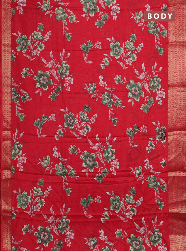 Semi dola saree red with allover floral prints and zari woven border