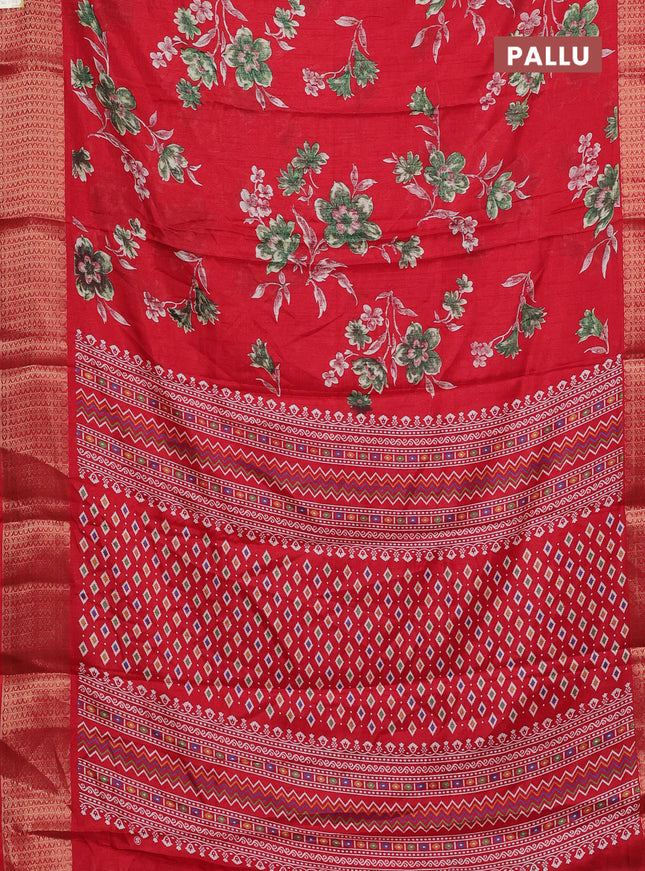 Semi dola saree red with allover floral prints and zari woven border