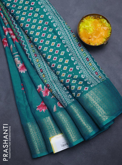 Semi dola saree teal shade with allover floral prints and zari woven border