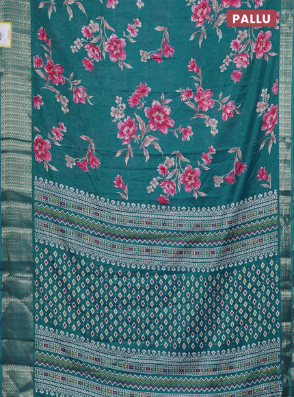 Semi dola saree teal shade with allover floral prints and zari woven border