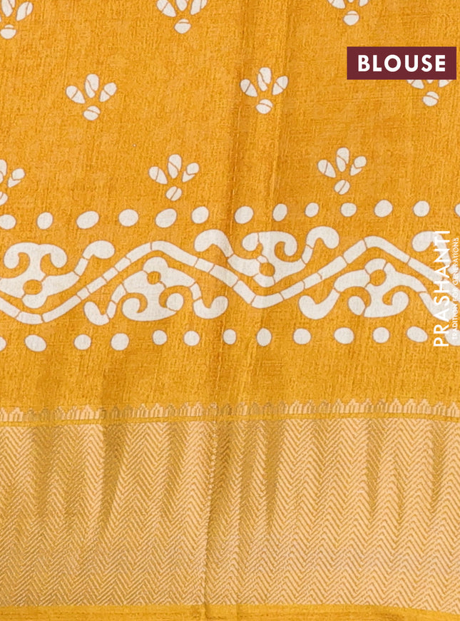 Semi dola saree mustard yellow with batik butta prints and zari woven border