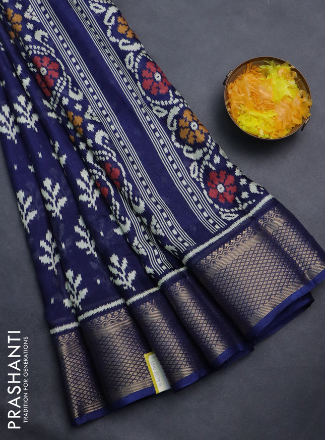 Semi dola saree dark blue with ikat butta prints and zari woven border