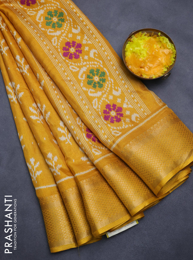 Semi dola saree mustard yellow with ikat butta prints and zari woven border
