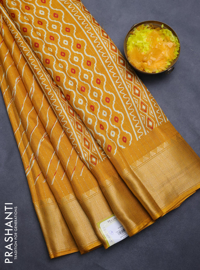 Semi dola saree mustard yellow with allover zari weaves & leheriya prints and zari woven border