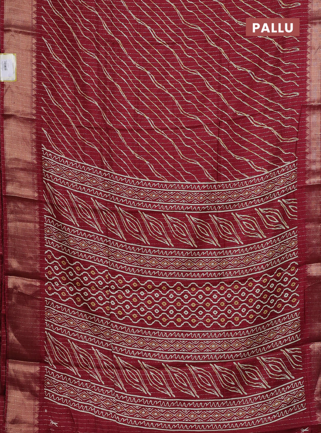 Semi dola saree maroon with allover zari weaves & leheriya prints and zari woven border
