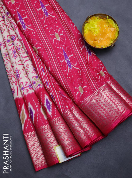 Semi dola saree cream and pink with allover ikat prints and zari woven border