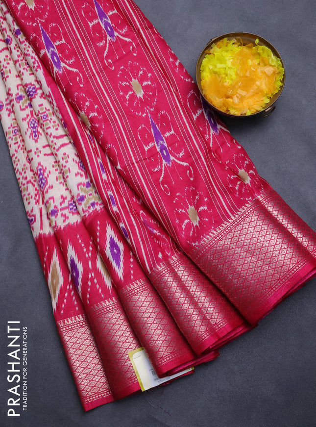 Semi dola saree cream and pink with allover ikat prints and zari woven border