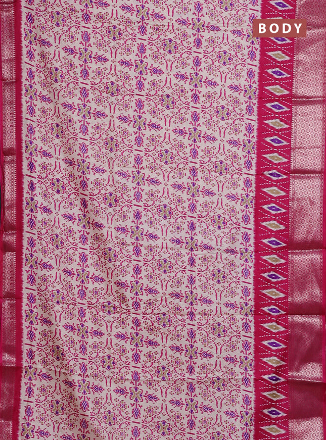 Semi dola saree cream and pink with allover ikat prints and zari woven border