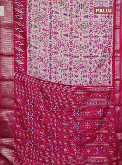 Semi dola saree cream and pink with allover ikat prints and zari woven border