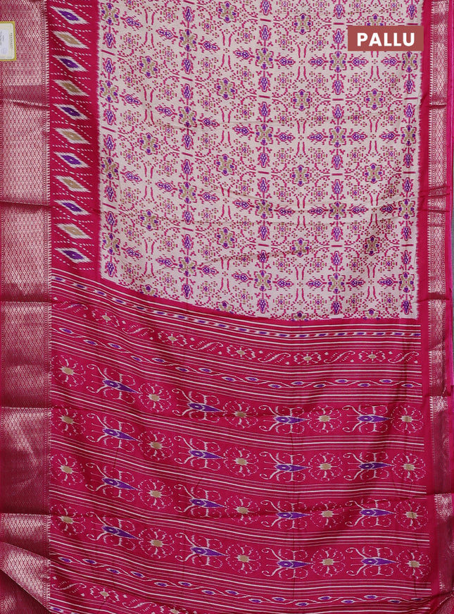 Semi dola saree cream and pink with allover ikat prints and zari woven border