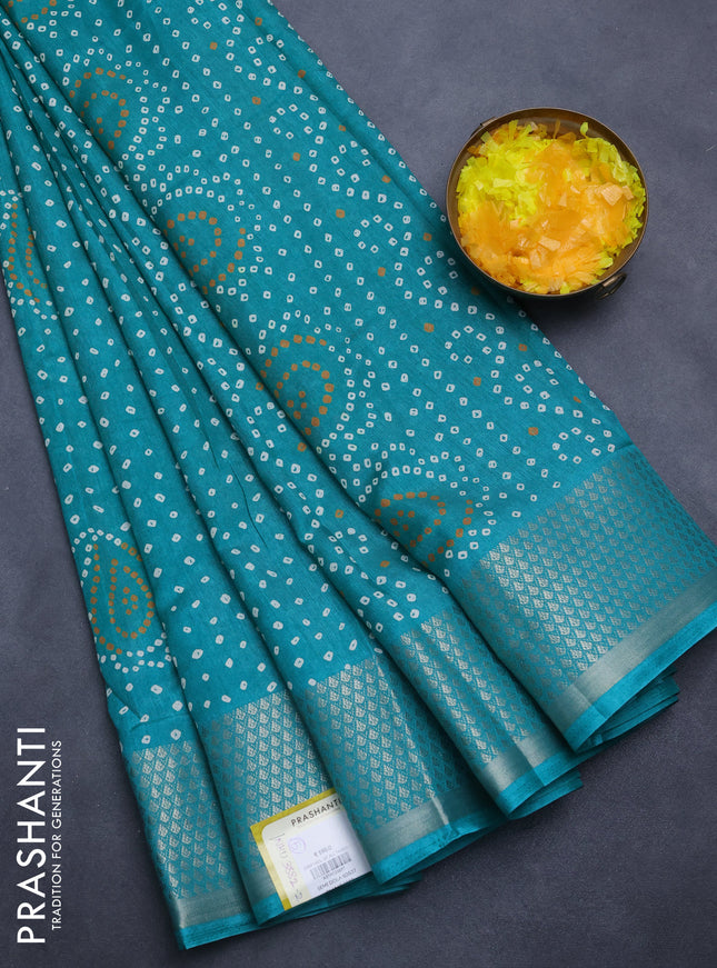 Semi dola saree teal green with allover bandhani prints and zari woven border