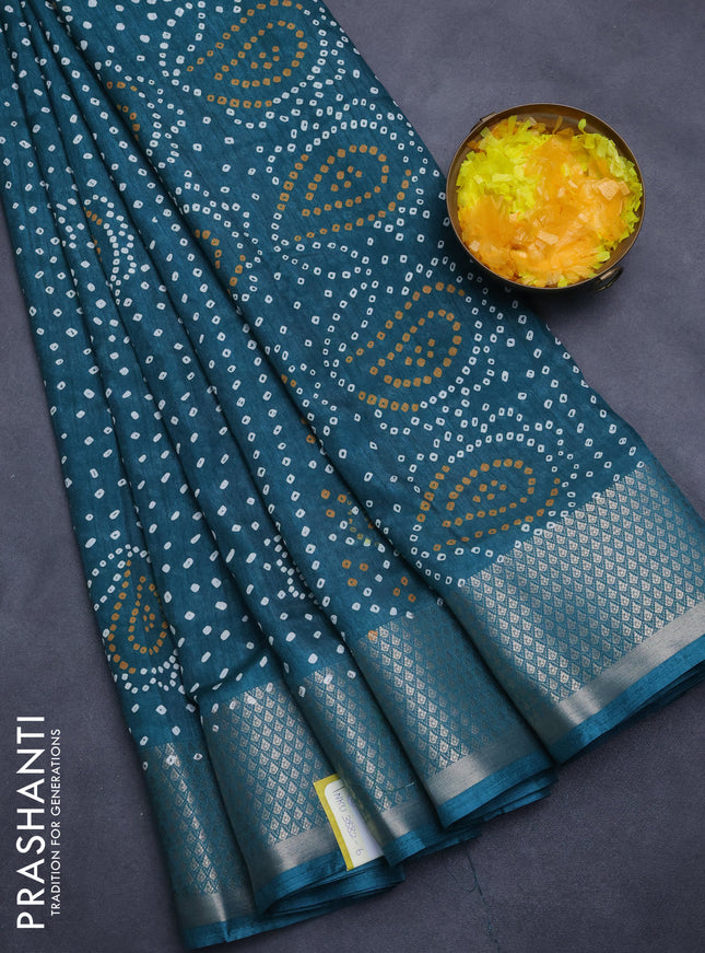 Semi dola saree teal green with allover bandhani prints and zari woven border