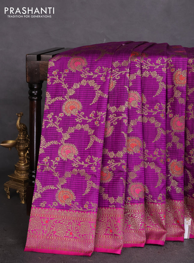 Banarasi handloom dupion silk saree purple and purple with allover thread & zari weaves floral weaves and woven border