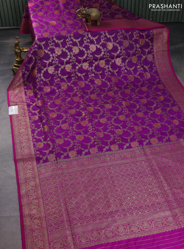 Banarasi handloom dupion silk saree purple and purple with allover thread & zari weaves floral weaves and woven border